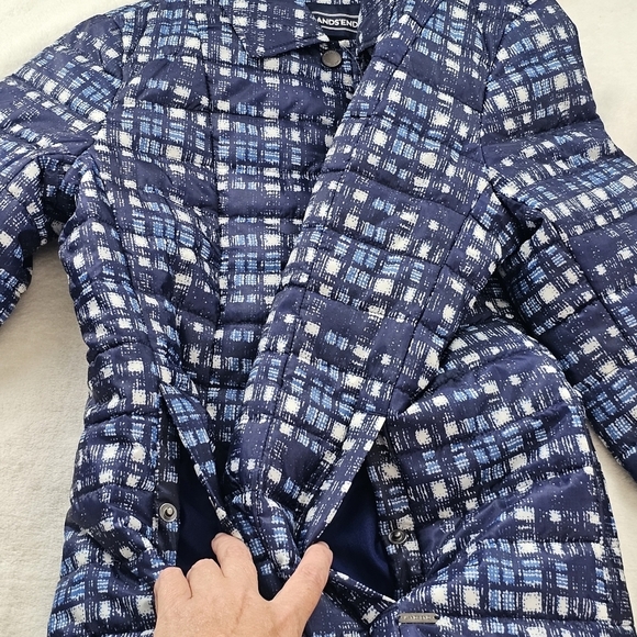 NWT Lands' End PrimaLoft Long Plaid Quilted Puffer Coat Blue White Size 4 - Picture 7 of 14